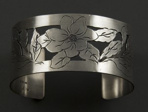 Sterling Silver Magnolia Cuff Bracelet with detailed hand-stampings and pierced cut-outs